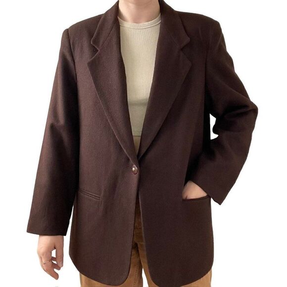 Vintage 80s Womens Brown Wool Oversized Preppy Dark Academia Blazer Sz L - Picture 6 of 10